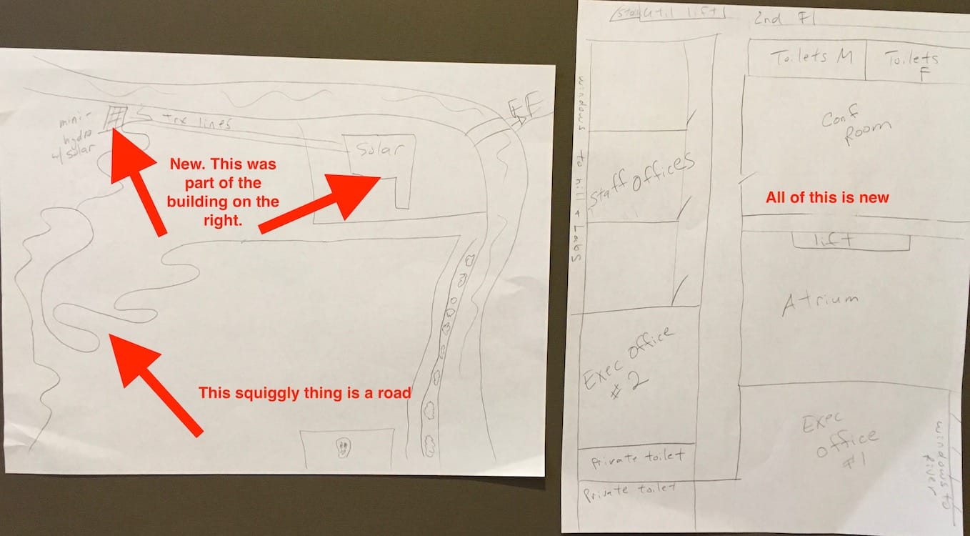 Road 2nd flr big on web page Photo of hand drawn road, river, and buildings on the left. On the right, another drawing of the second floor of a building showing offices and conference room.